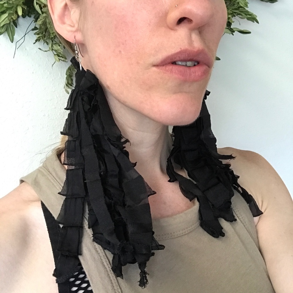 Upcycled Black Fringe Earrings Mummy Costume Halloween Ghost Western Gothic Y2k